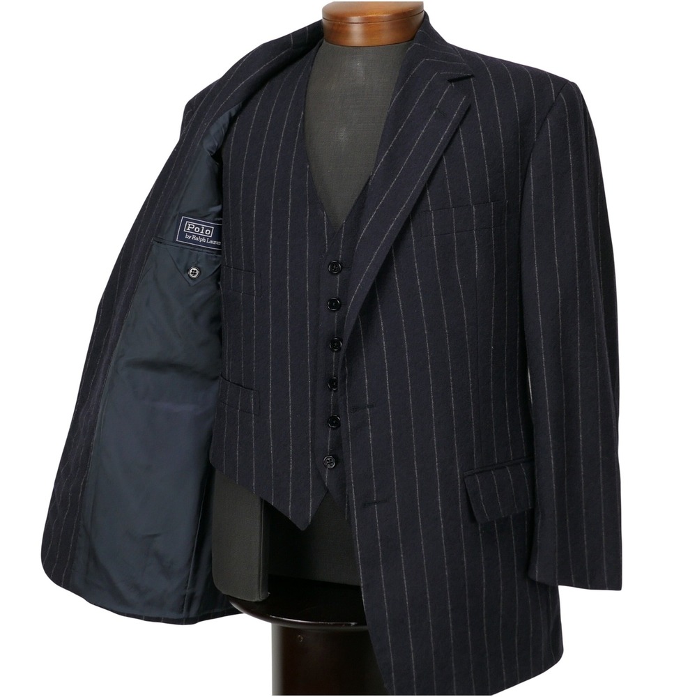 VTG Polo Ralph Lauren 42R Navy Flannel Wool Pin Stripe Blazer /Vest Set USA 90s